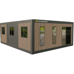 CONTAINERE DE LOCUIT 43,2MP - 2 CAMERE,GRUP SANITAR COMPLET ECHIPAT.LIVING + BUCATARIE - 6,000x7,200x2,700mm - RIFLAJ EXTERIOR - DOTARI PREMIUM - DESIGN MODERN