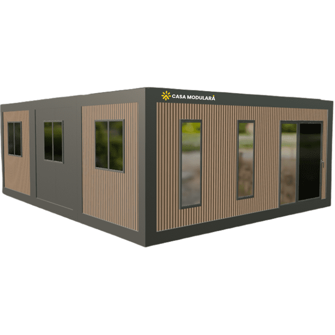 CONTAINERE DE LOCUIT 43,2MP - 2 CAMERE,GRUP SANITAR COMPLET ECHIPAT.LIVING + BUCATARIE - 6,000x7,200x2,700mm - RIFLAJ EXTERIOR - DOTARI PREMIUM - DESIGN MODERN
