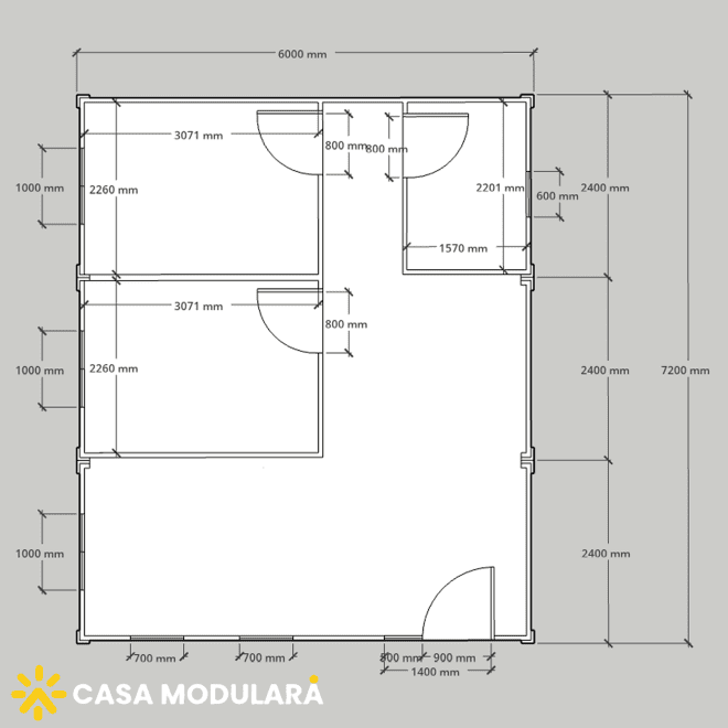 CONTAINERE DE LOCUIT 43,2MP - 2 CAMERE,GRUP SANITAR COMPLET ECHIPAT.LIVING + BUCATARIE - 6,000x7,200x2,700mm - RIFLAJ EXTERIOR - DOTARI PREMIUM - DESIGN MODERN
