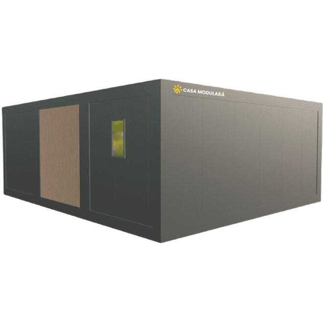 CONTAINERE DE LOCUIT 43,2MP - 2 CAMERE,GRUP SANITAR COMPLET ECHIPAT.LIVING + BUCATARIE - 6,000x7,200x2,700mm - RIFLAJ EXTERIOR - DOTARI PREMIUM - DESIGN MODERN