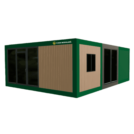 Ansamblu container birou 54mp cu baie – 3 module unite, fațadă riflaj & vitraje panoramice
